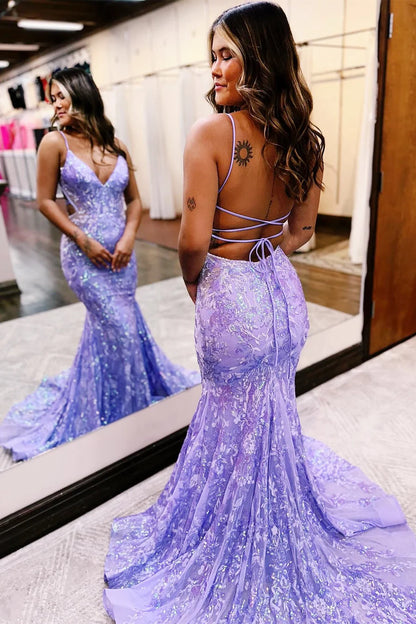 Sequin Lace V-Neck Trumpet Long Prom Dress