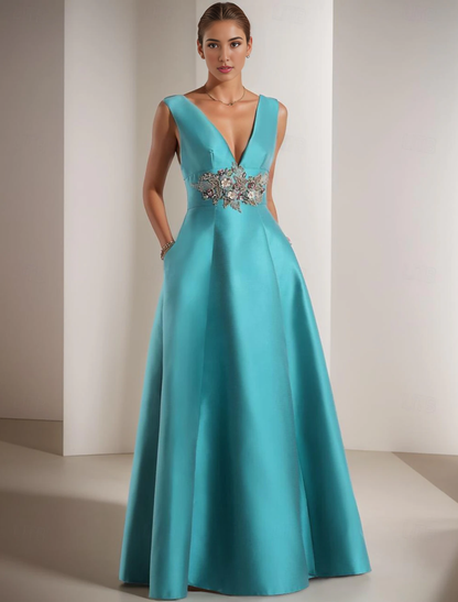 December Wedding Guest Dress A-Line Elegant Dress Formal Floor Length Sleeveless V Neck Pocket Satin with Appliques Prom Dresses