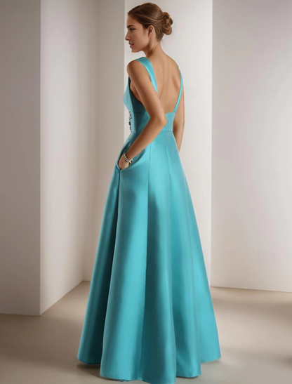 December Wedding Guest Dress A-Line Elegant Dress Formal Floor Length Sleeveless V Neck Pocket Satin with Appliques Prom Dresses