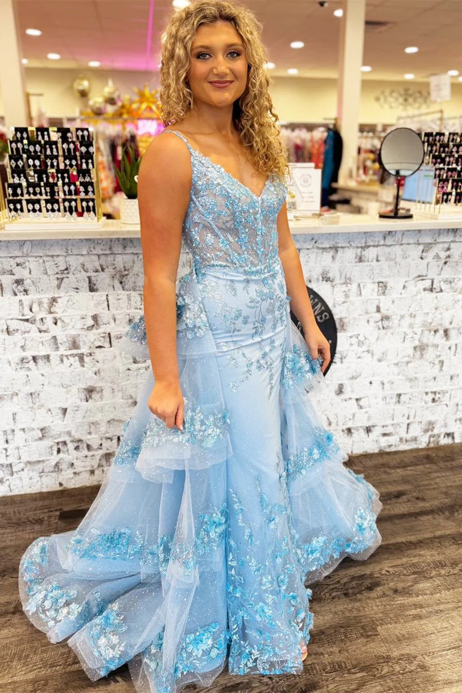 Sequin Lace V-Neck Pageant Dress with Attached Train