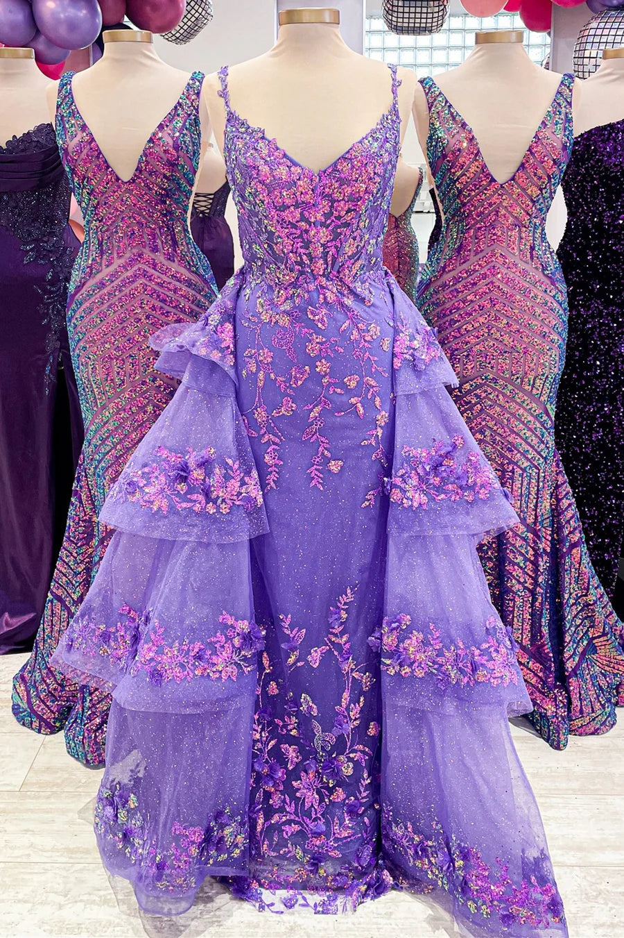 Sequin Lace V-Neck Pageant Dress with Attached Train
