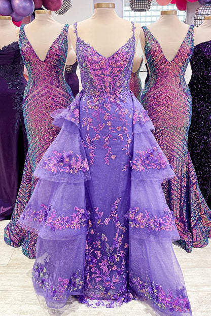 Sequin Lace V-Neck Pageant Dress with Attached Train