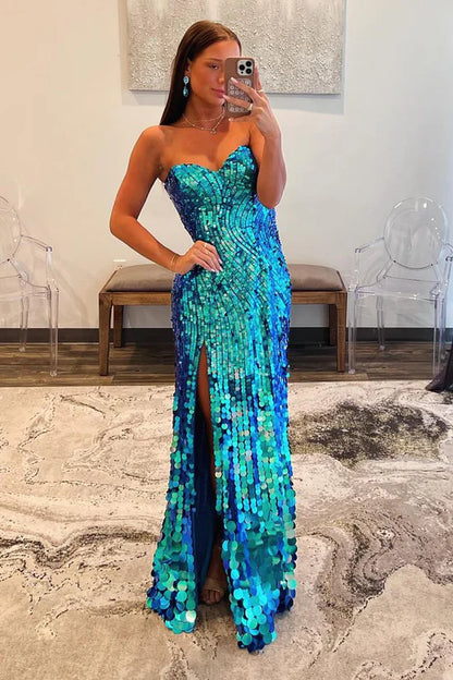 Mermaid Sweetheart Off-the-Shoulder Blue Sequins Long Prom Dress with Slit