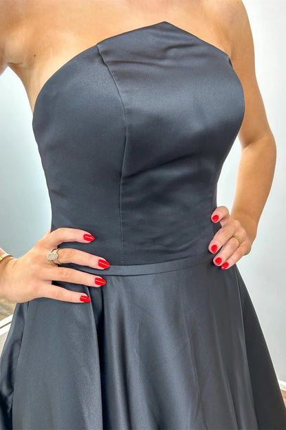 Simple Black Strapless A-Line Long Prom Dress
