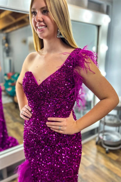 Sequin One-Shoulder Long Prom Dress with Feathers