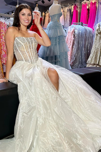 Beaded Strapless A-Line Long Prom Dress with Slit