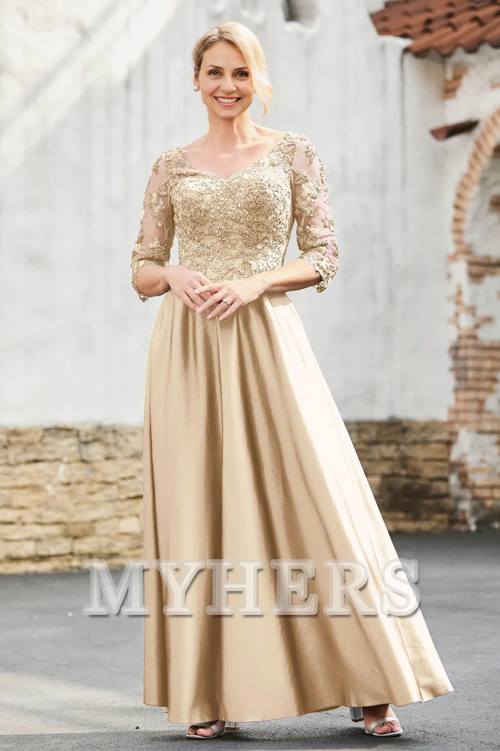 My Hers New Product Mother of The Bride Dress A-Line Satin V-neck Delicate Lace Applique Dress Elegant Wedding Guests Dresses