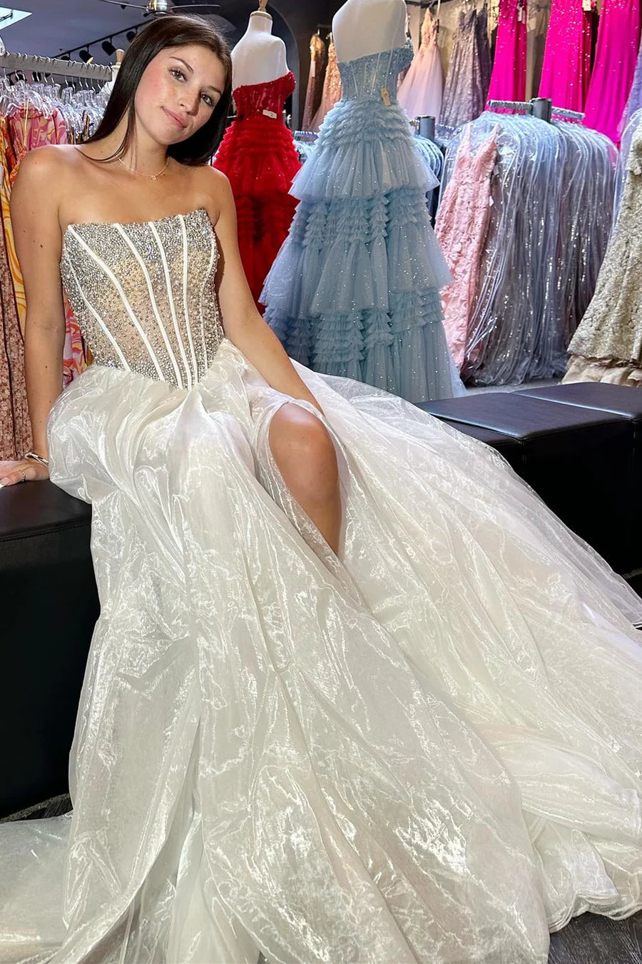 Beaded Strapless A-Line Long Prom Dress with Slit