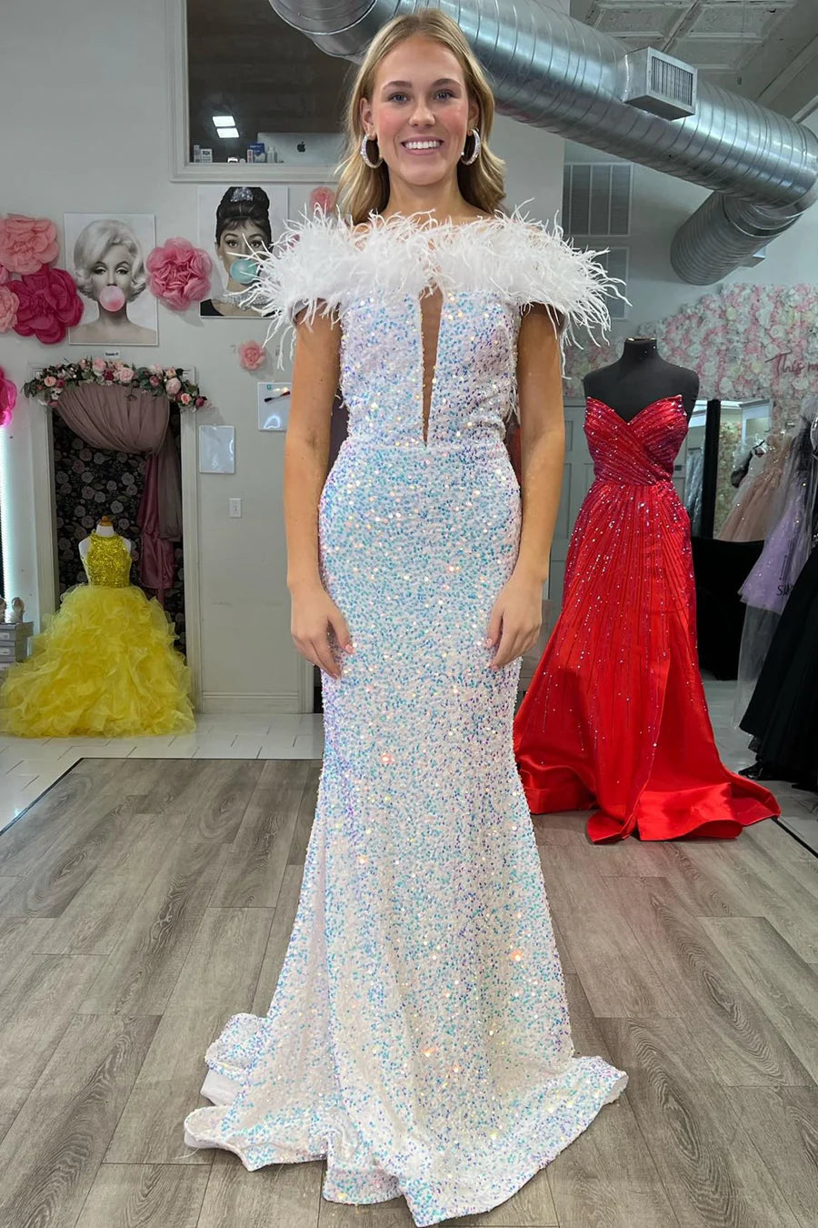 Off-the-Shoulder Royal Blue Sequin Feathers Keyhole Long Dress