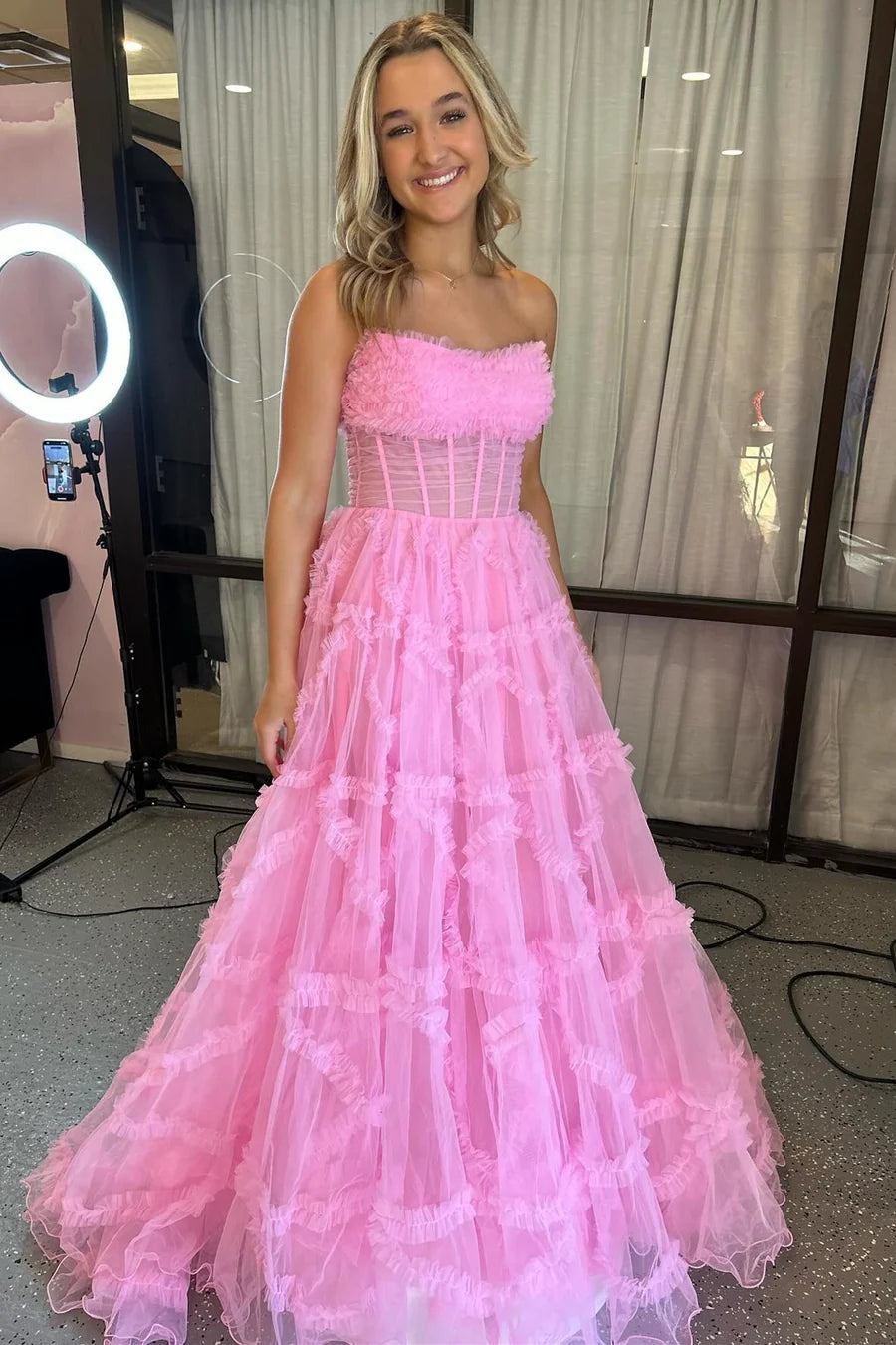 Strapless Ruffles A-Line Long Formal Dress with Puff Sleeves