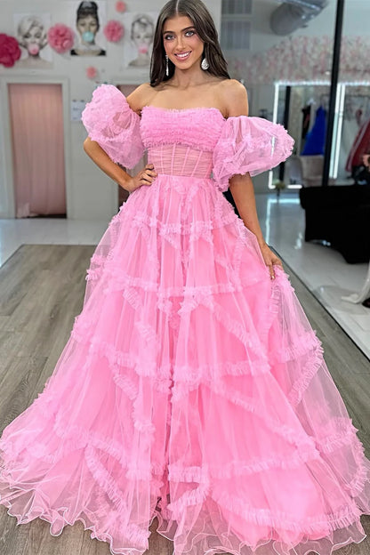 Strapless Ruffles A-Line Long Formal Dress with Puff Sleeves