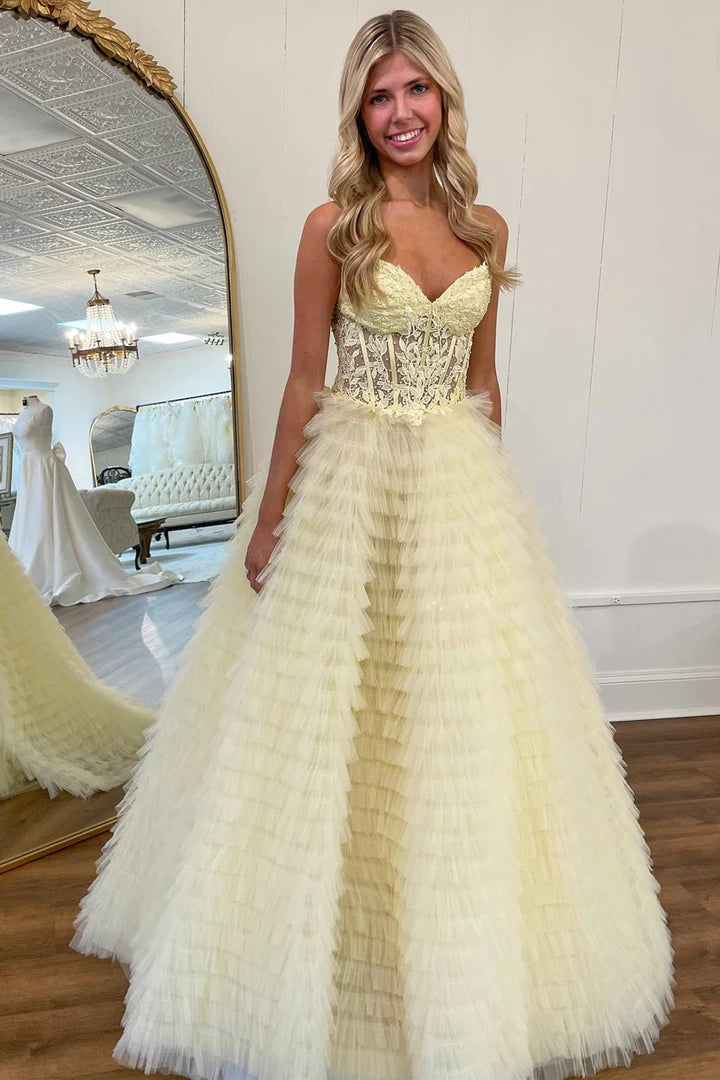 Appliques Sweetheart Ruffle Tiered A-Line Prom Dress