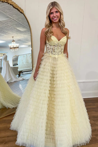 Appliques Sweetheart Ruffle Tiered A-Line Prom Dress
