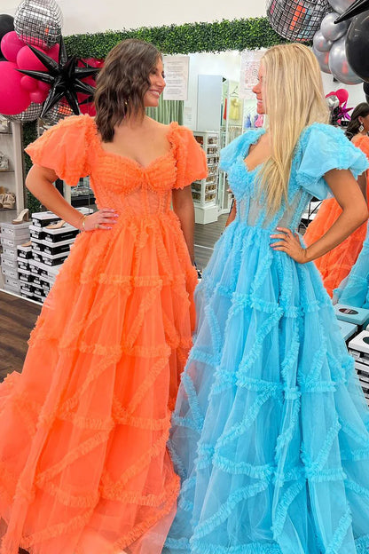 Cute Ball Gown Sweetheart Orange V-Neck Tulle Prom Dress