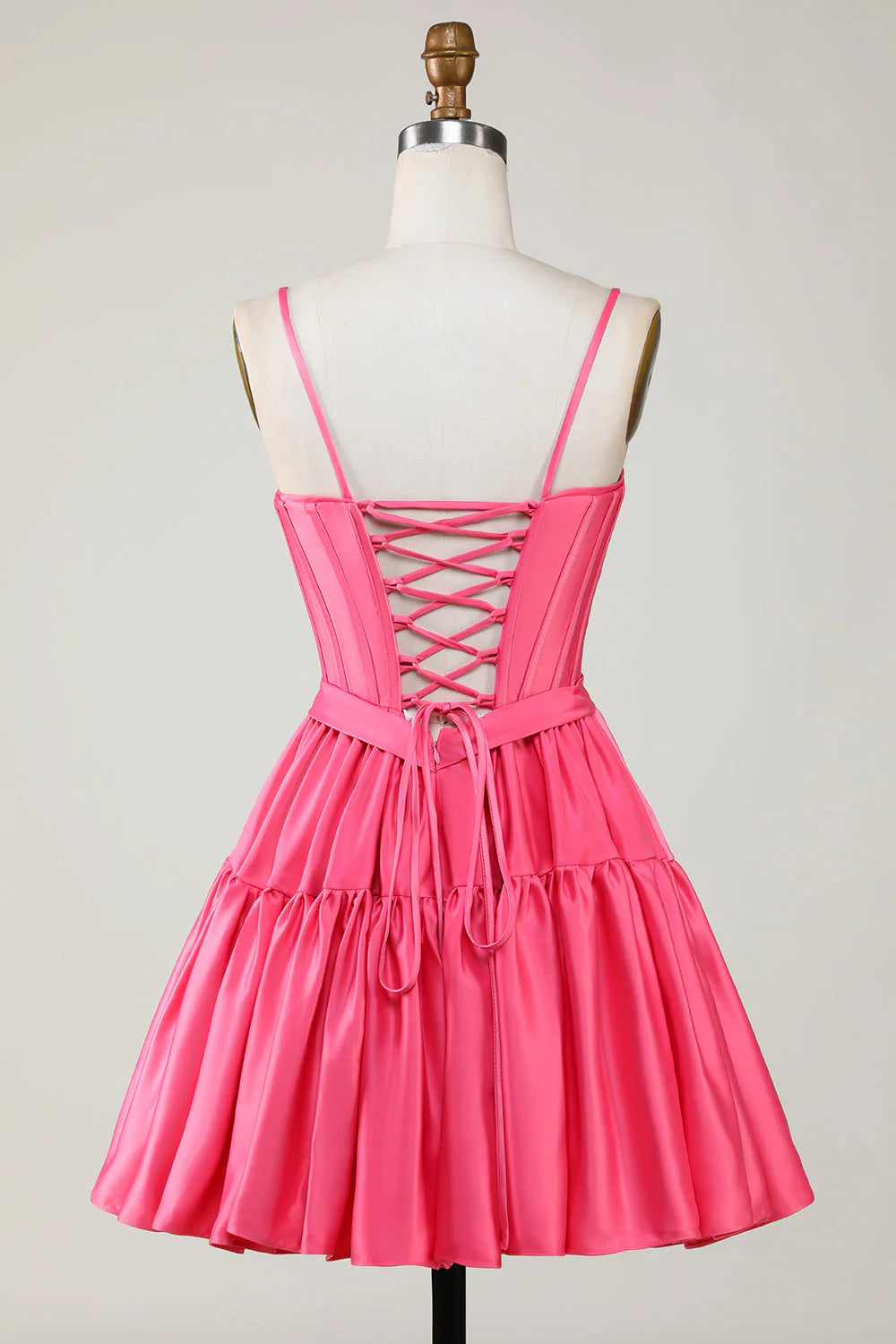 Hot Pink Trendy A-Line Spaghetti Straps Lace-Up Back Short Homecoming Dress