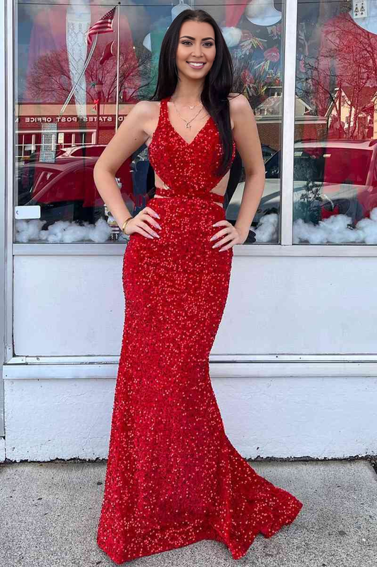 Formal Women's Dresses Wedding Guest Dresses V Neck Mermaid Cultivate oneself Sequins Backless Sweep Train Prom Dress Sparkle Evening Dress