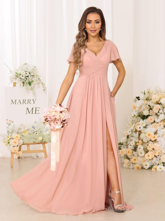 Exquisite V Neck Pleated Side Slit Romantic Bridesmaid Dresses Wedding Guests Dresses