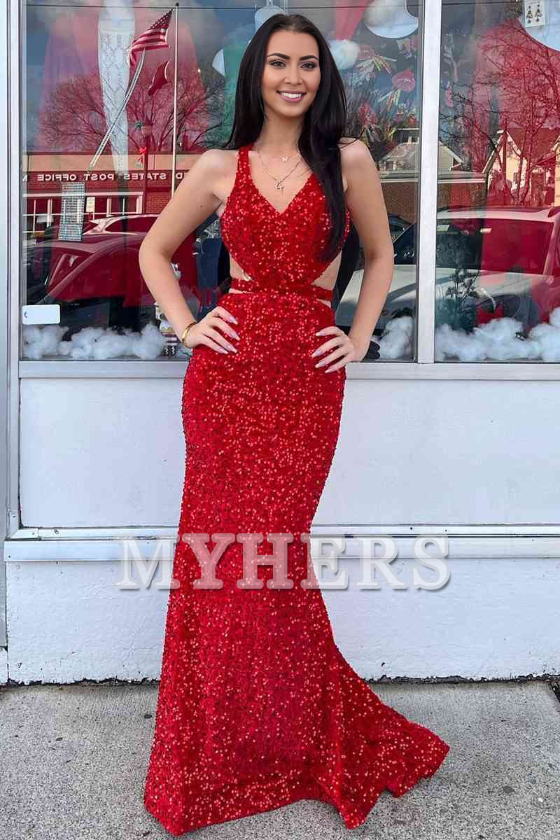 Formal Women's Dresses Wedding Guest Dresses V Neck Mermaid Cultivate oneself Sequins Backless Sweep Train Prom Dress Sparkle Evening Dress