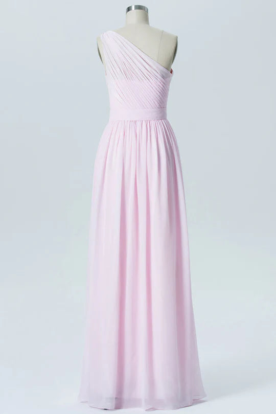 Pink Chiffon One-Shoulder Banded Waist Pleats Bridesmaid Dress