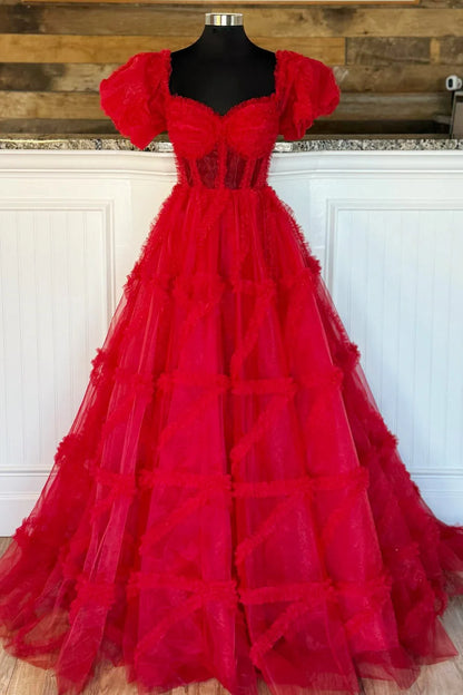 Sheer Corset Ruffles A-Line Prom Dress with Puff Sleeves