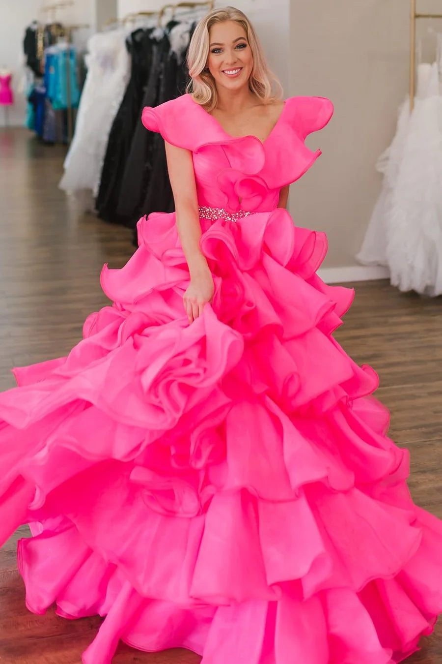 Ruffle Multi-Layer A-Line Long Prom Dress
