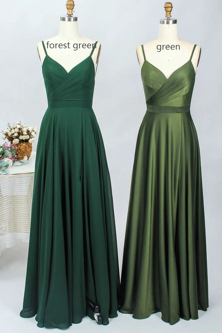 Forest Green V-Neck Spaghetti Straps Long Formal Bridesmaid Dress