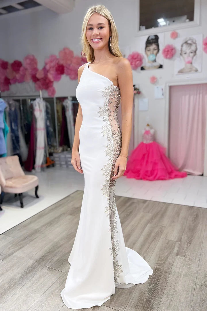 One-Shoulder  Beaded Sheer Mesh Mermaid Long Formal Dress