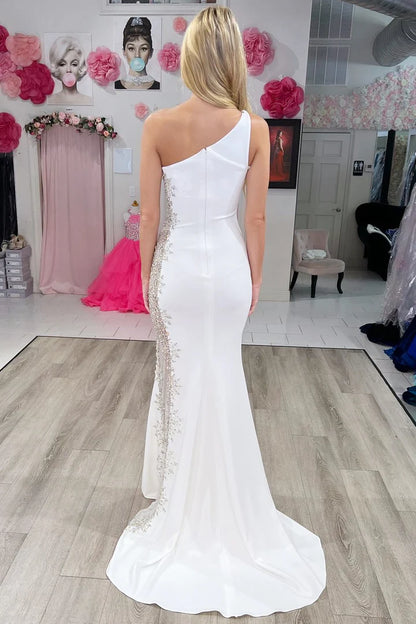 One-Shoulder  Beaded Sheer Mesh Mermaid Long Formal Dress