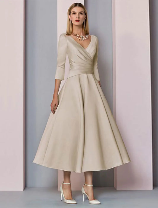 A-Line Mother of the Bride Dress Wedding Guest Vintage Plus Size Elegant V Neck Tea Length Satin 3/4 Length Sleeve with Pleats