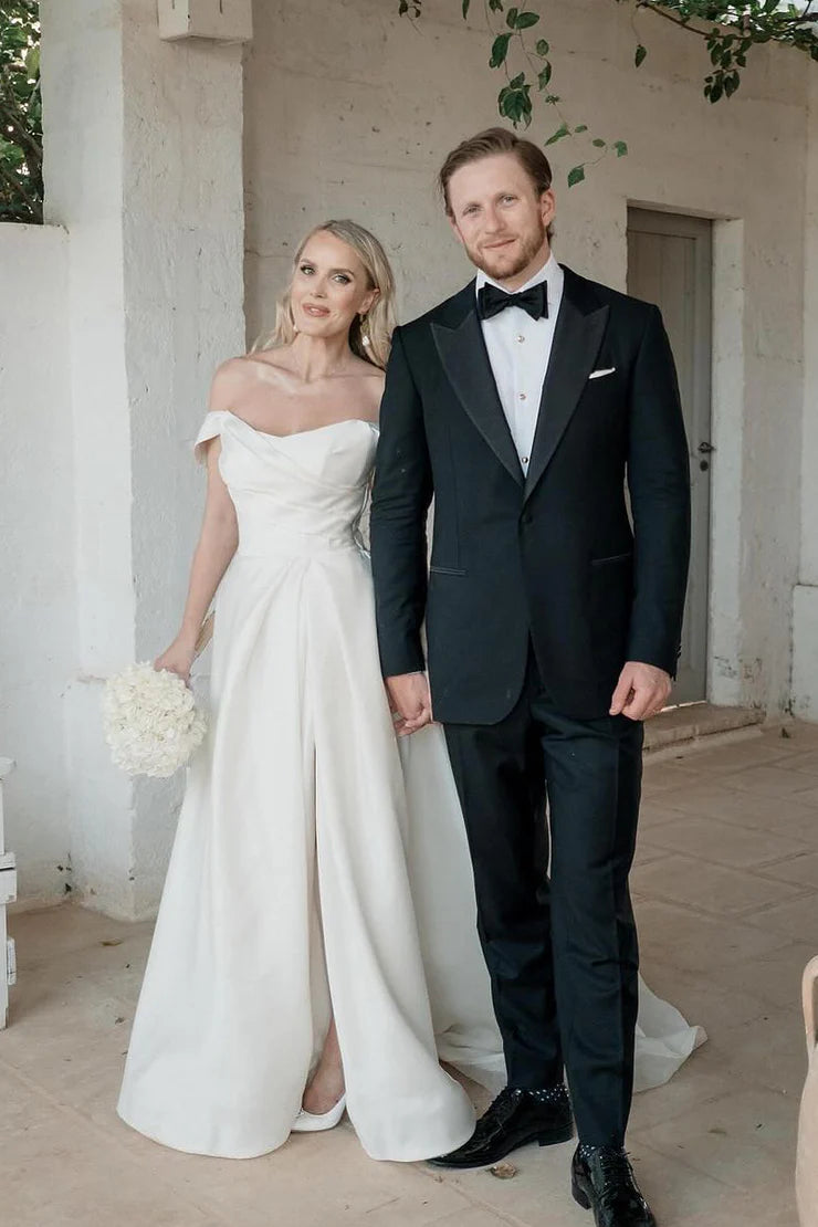 A-Line Off the Shoulder Satin Mopping The Floor Wedding Dresses with Slit