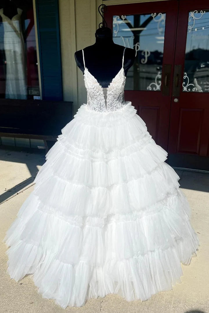 Beaded Spaghetti Strap Ruffle Tiered Ball Gown