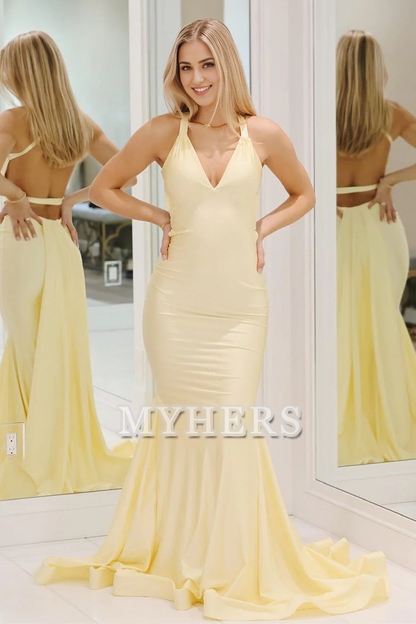 Formal Wear Dresses Wedding Guest Dresses V Neck Mermaid Cultivate oneself Backless Satin Long Prom Dress Personality Evening Dress