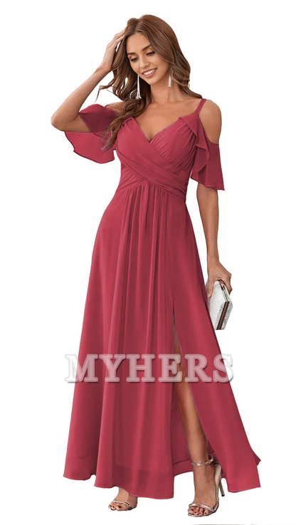 Sweetheart Off Shoulder Chiffon Side Fork Elegant Long Bridesmaid Dresses Wedding Guests Dresses