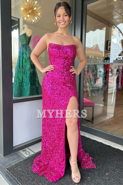 Formal Women's Dresses Wedding Guest Dresses Strapless Sequins Long Prom Dress Side Fork Sparkle Charming Evening Dress