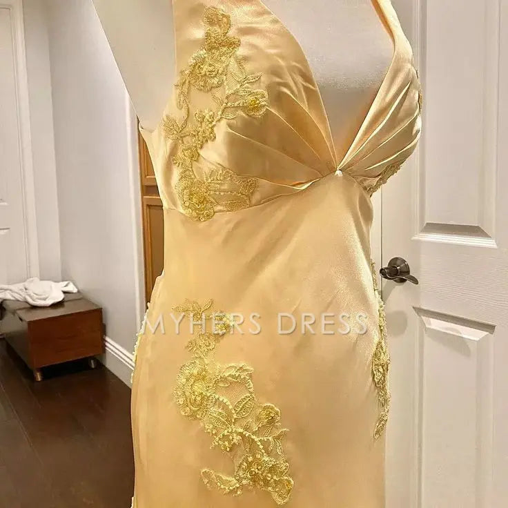 My Hers Prom Dress Mermaid Deep V Neck Satin Applique Elegant Backless Long Luxury Ladies Formal Dress