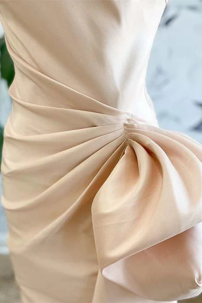 Champagne Satin Strapless Off-the-Shoulder Ruffles Mermaid Long Bridesmaid Dress