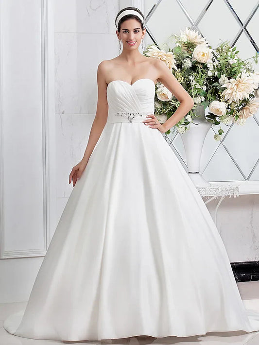 Princess A-Line Wedding Dresses Sweetheart Neckline Satin Sleeveless with Sash Ribbon Ruched Beading