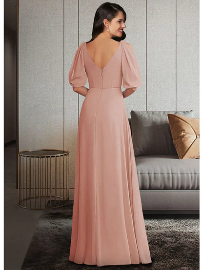 Mother of the Bride Dress Elegant V Neck Floor Length Chiffon Short Sleeve with Ruffles Ruching