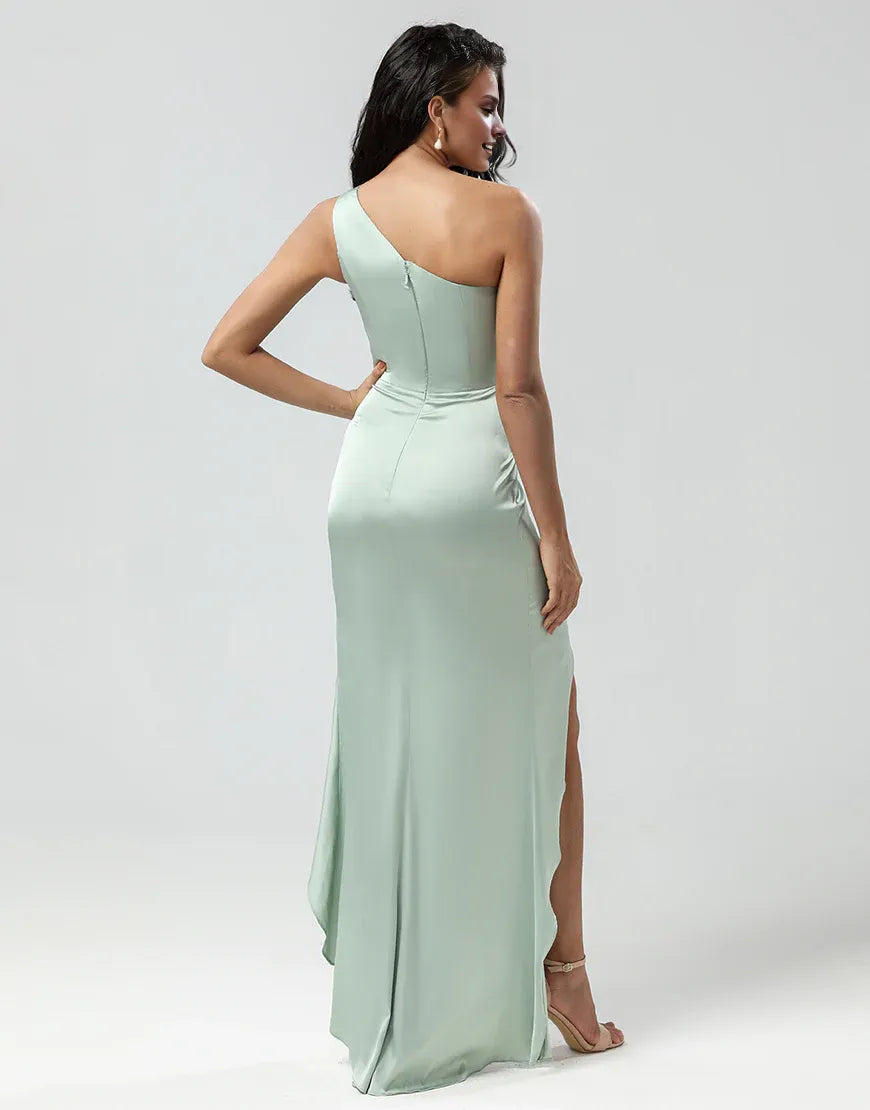 One Shoulder Sleeveless Matcha Satin Bridesmaid Dress with Ruffles