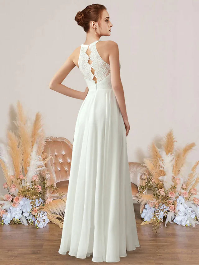 A-Line Wedding Dresses Jewel Neck Floor Length Chiffon Lace Sleeveless Romance Beach with Pleats