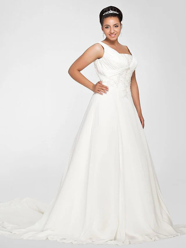 A-Line Wedding Dresses Square Neck Chapel Train Chiffon Sleeveless with Beading Draping Appliques