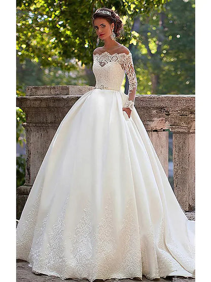 A-Line Wedding Dresses Off Shoulder Court Train Lace Long Sleeve Country Illusion Sleeve