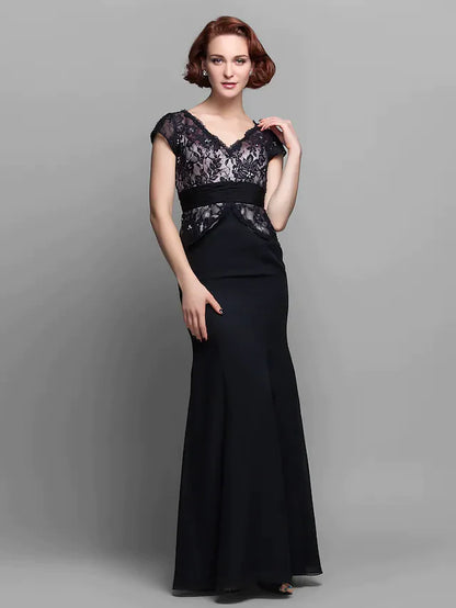 Mother of the Bride Dress Vintage Inspired V Neck Floor Length Chiffon Lace Short Sleeve with Ruched Beading