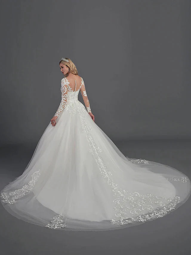 Ball Gown Wedding Dresses Illusion Neck Chapel Train Lace Tulle Long Sleeve Glamorous See-Through Illusion Detail with Buttons Appliques