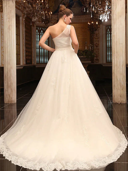 Princess A-Line Wedding Dresses One Shoulder Court Train Satin Tulle Sleeveless