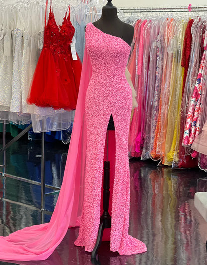 One Shoulder Sequin Prom Dress with Floating Sleeves