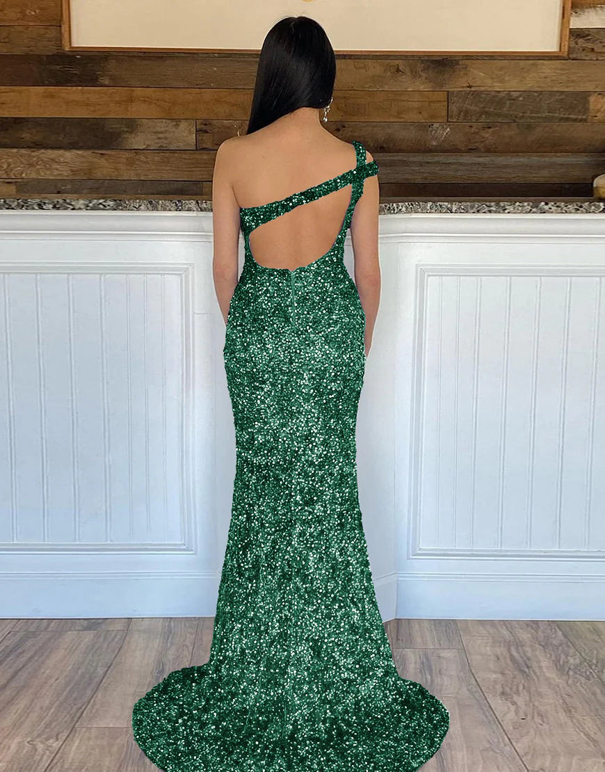 One Shoulder Open Back Sequin Prom Dress