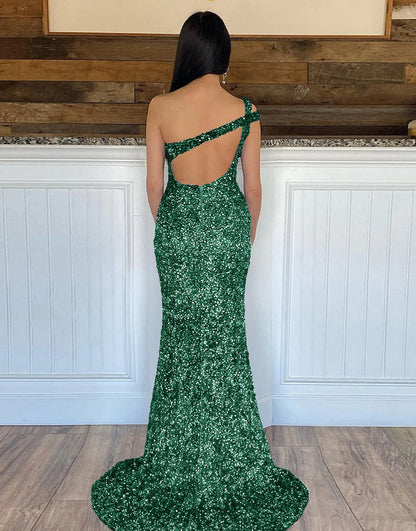 One Shoulder Open Back Sequin Prom Dress