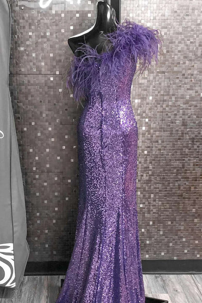Sequin Feather One-Shoulder Prom Dress with Slit