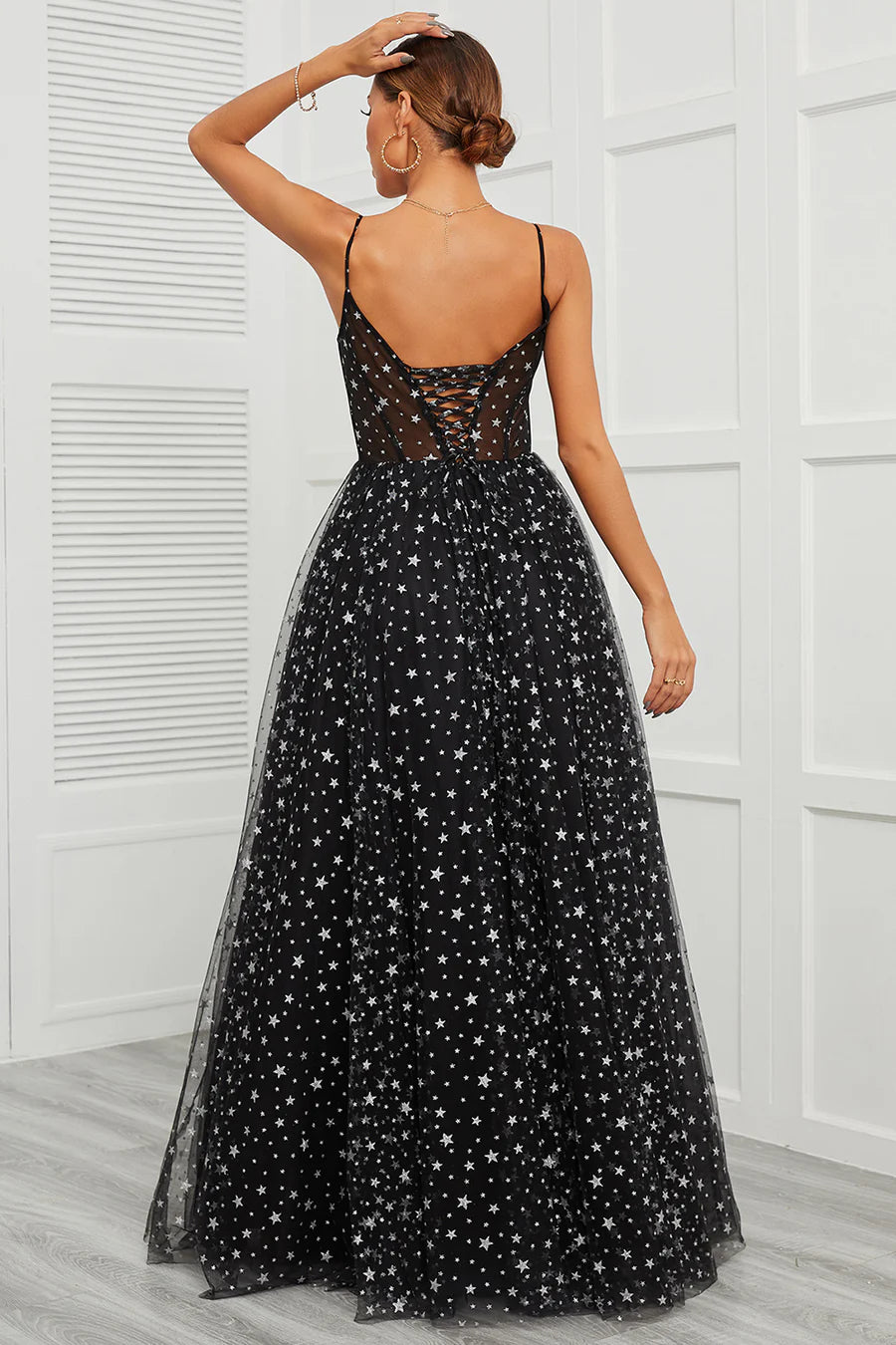 Star Sequins Sheer Bodice A-Line Long Prom Dress